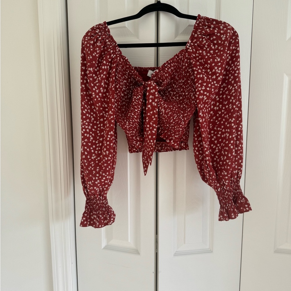 Vici Red and White Puff Sleeve Blouse with Tie Front